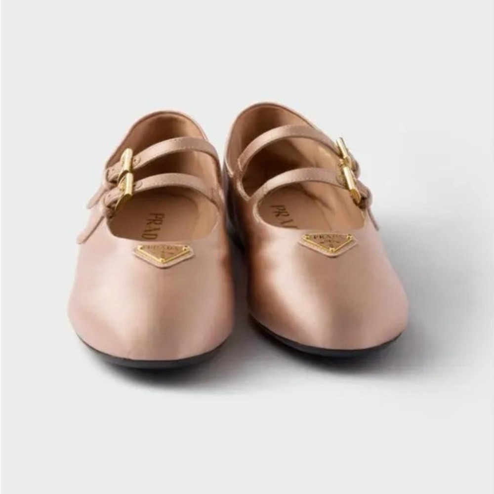 Prada satin Blush Leather Double-Strap Ballet Flats with Gold Hardware - Picture 3 of 4